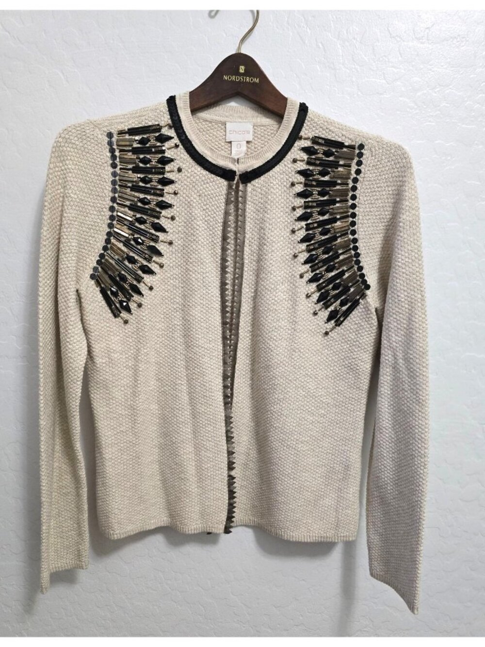 Chicos Size 0 Beige Beaded Embellished Cardigan Sweater Cotton Blend